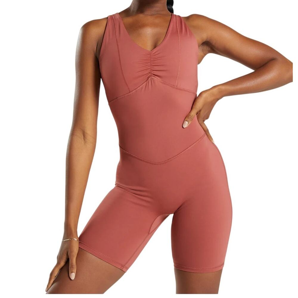 Gymshark Unitard Womens Small Pink Ruched V Neck Sleeveless Biker Short Romper
